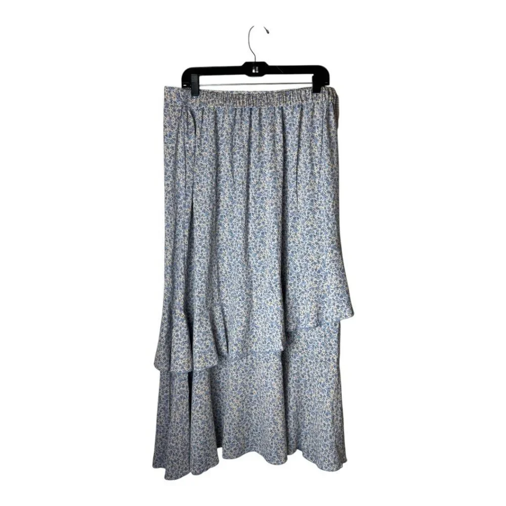 BTFBM Skirt Women XL Blue Floral Print Asymmetric Ruffle Hem Boho Maxi‎ NWT